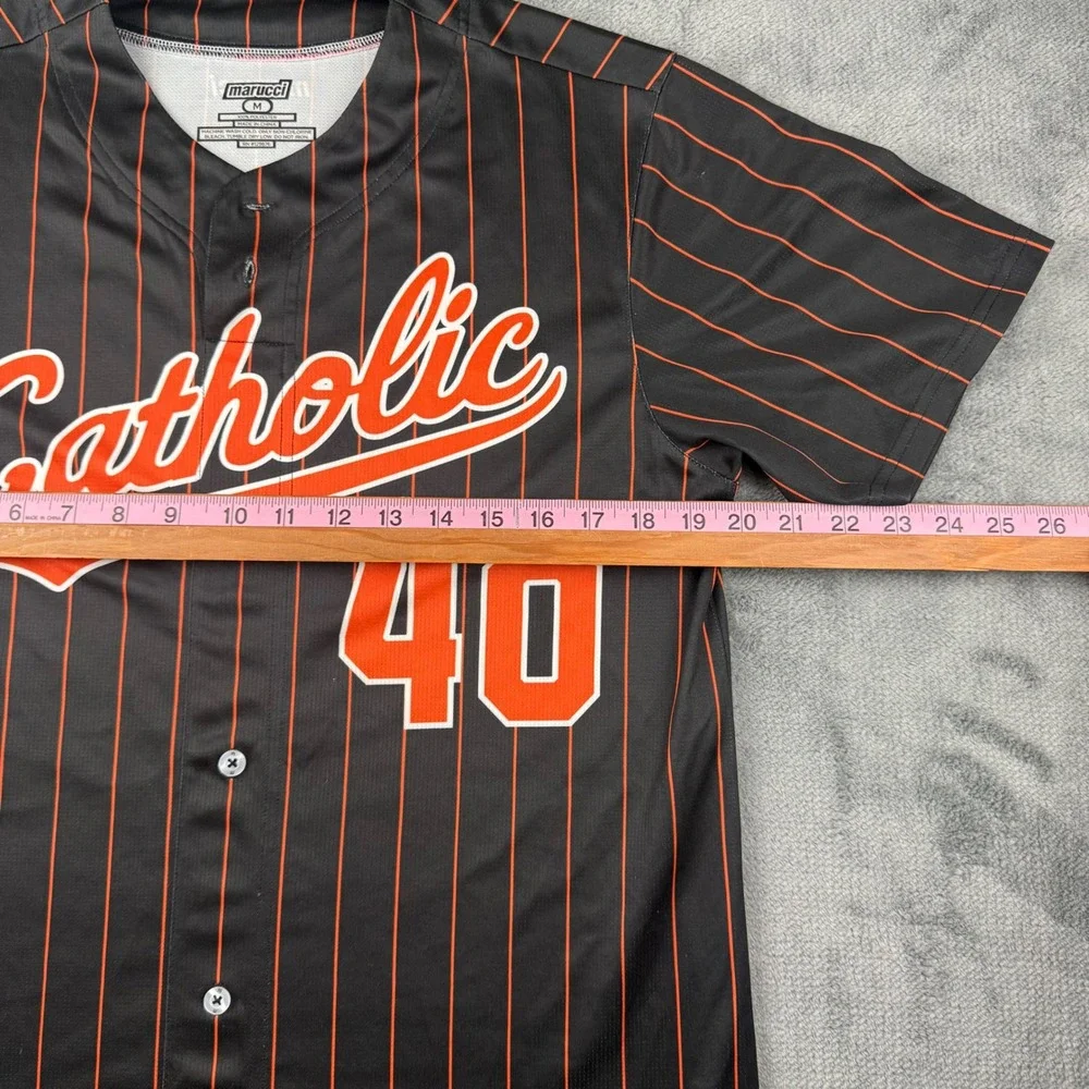 Marucci Mens Catholic Baseball Jersey Black Orange Pinstripe Button Up Size M 40 - Picture 5 of 6